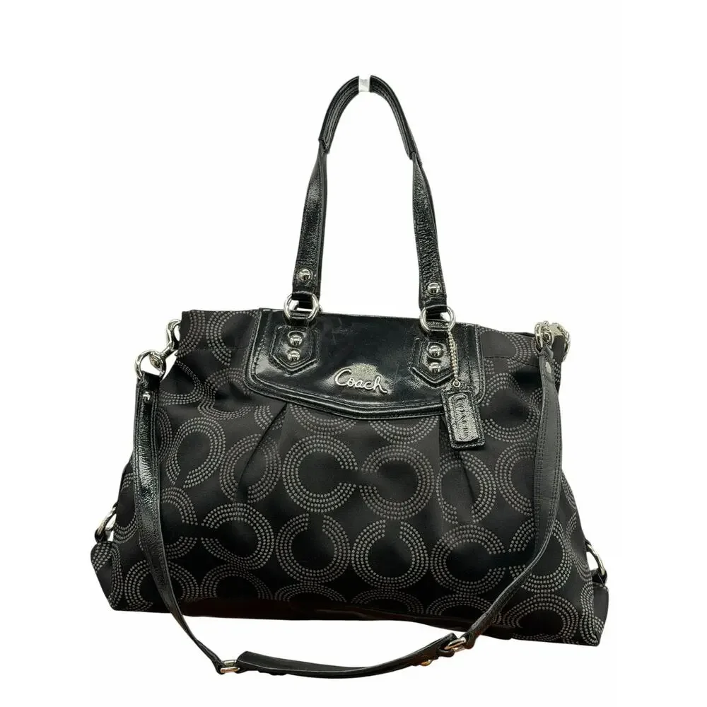 Coach Ashley Dotted Op Art Large Bag Womens Black Gray Shoulder Tote Logo F20049